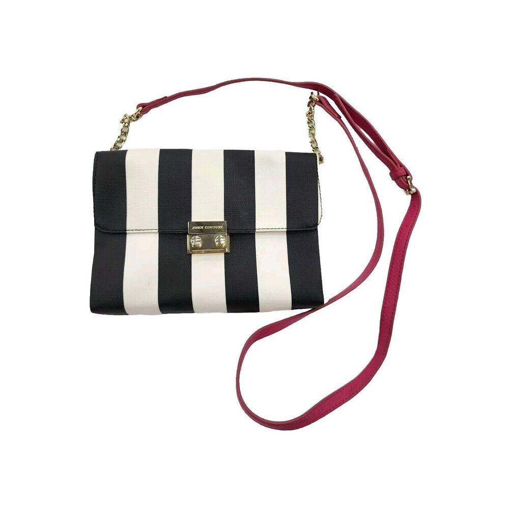 Juicy Couture Mini Crossbody Purse Black + White Stripe Pink Strap Gold Chain